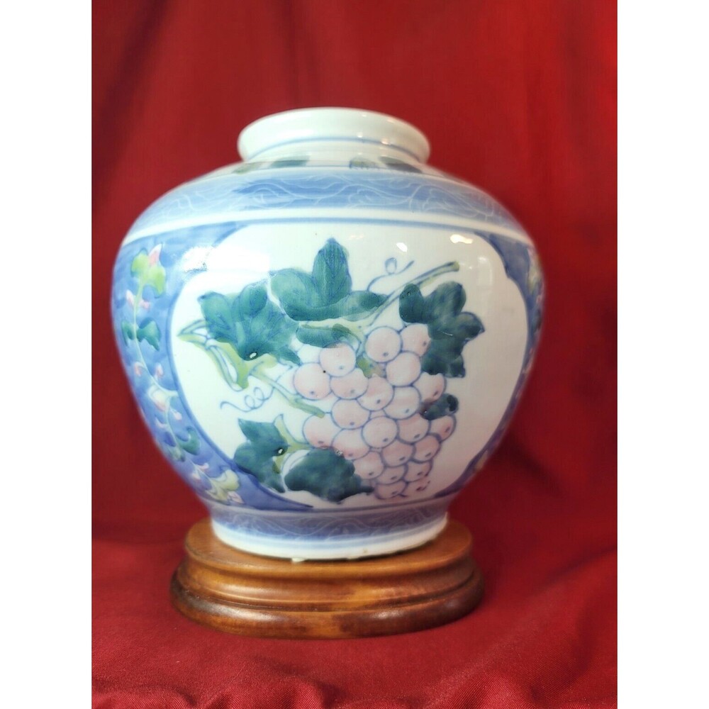 Grape Vine Vase Ginger Jar Oriental Chinese Vintage Pink Blue Decor 7.25''